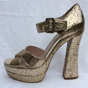 Miu Miu Glitter Crisscross Mary Jane Sandal, Gold